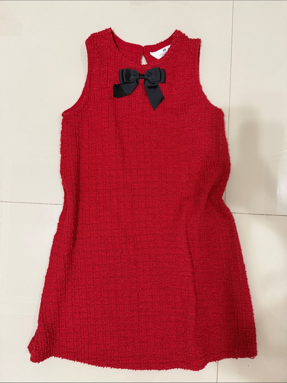 H&M Red Sleeveless Tweed Dress with Black Bow